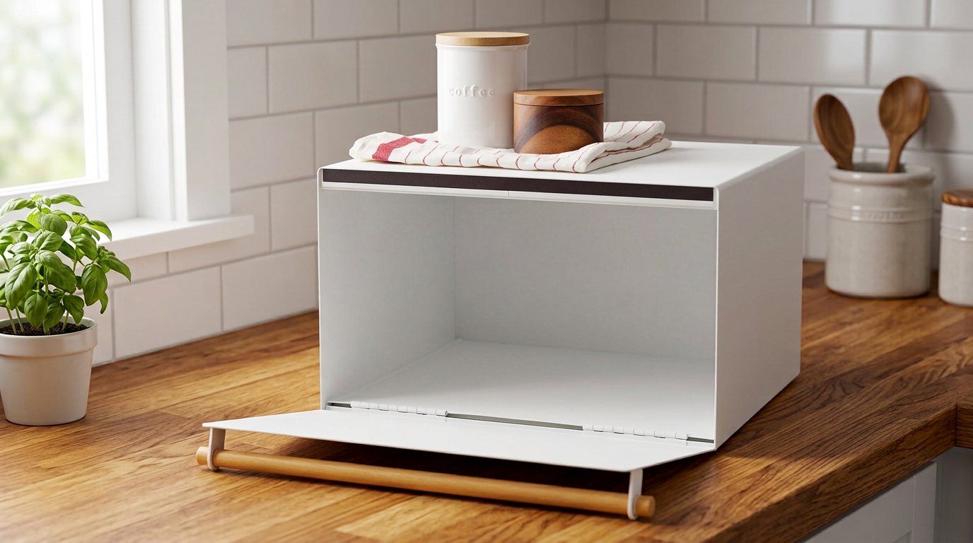 White bread box with its door open on a wooden counter with a basil plant, canisters and a folded tea towel on top